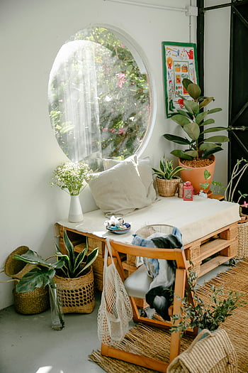 cozy light room, wooden furniture, potted houseplants, peaceful indoor setting, wicker baskets, soft cushions, sunlight, indoor plants, natural light, home decor, rustic furniture