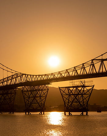 západ slunce, silueta, hercílio luz bridge, florianopolis, Brazílie, živý západ slunce, voda, nebe, architektura, mezník