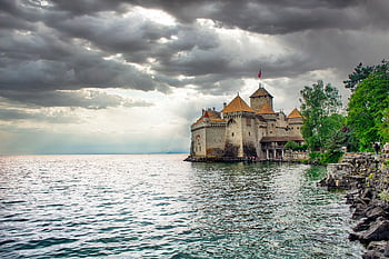 hrad, jezero, švýcarsko, nebe, mraky, pevnost, mezník, historický, stromy, voda, Příroda