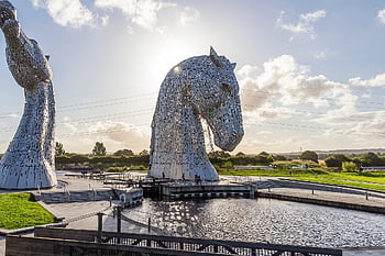 kelpies, άλογα, γλυπτά, πάρκο έλικα, falkirk, Σκωτία, Γλυπτική ιπποειδών, ατσάλι, κανάλι, νερό, φύση