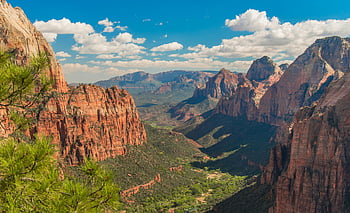národní park zion, červené útesy, svěží údolí, modré nebe, letecký pohled, hnědý kaňon, přírodní krajina, venkovní scenérie, pouštní kaňon, pohled, národní park