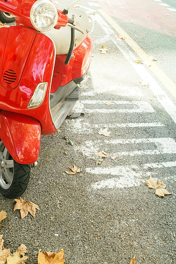 červený skútr, zaparkované skútr, podzimní listí, suchý chodník, podzimní den, parkování na ulici, městské scény, motorka, vespa, sezónní, venkovní