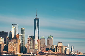 New York City, panoráma, jedno centrum světového obchodu, moderní architektura, modrá obloha, městské krajiny, panoráma města, mrakodrapy, finanční okres, v centru města, Manhattan