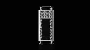 Apple stationær computer, aluminiumschassis, design af ostehøvl, moderne Apple-computer, Billede med høj opløsning, karakteristisk design, stationær computer, aluminiumsdesign, Moderne computer, Foto i høj opløsning, sort baggrund