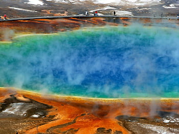 grand prismatic spring, Yellowstonský národní park, Vibrující letecký výstřel, bílá pára, Barevný horký pramen, přirozený zázrak, Geotermální funkce, turistická atrakce, stoupání páry, barvy duhy, gejzíry