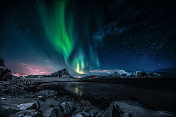Northern Lights, mountains, night, snowy landscape, Nordland, Norway, aurora borealis, winter scenery, starry sky, natural wonder, Arctic lights