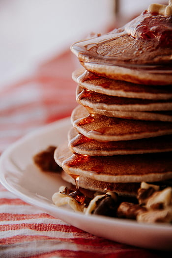 pancakes, stack of pancakes, syrup, nuts, breakfast, plate, delicious, drizzled, topping, morning meal, food photography