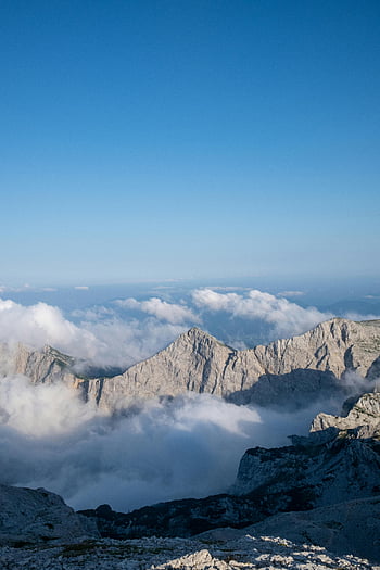 montagne slovene, chiaro cielo blu, vista delle montagne, nuvole, vista mozzafiato, cima della montagna, paesaggio, natura, scenario alpino, vette, sopra le nuvole