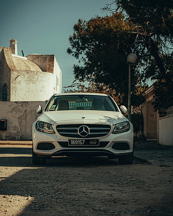 Bílý Mercedes Benz, zaparkováno, nabeul, Tunisko, tradiční architektura, slunný, sedan, venkovní, auto, vozidlo, ulice