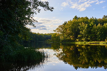 lac, reflecţie, peisaj, râu, mal, pădure, copaci, cer, nori, apă, oglindă