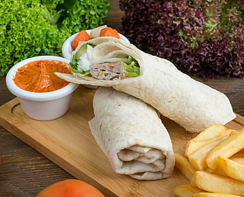 food, brown tray, tasty wraps, fries, spicy dip, wooden platter, lettuce, tomato, appetizer, meal, snack