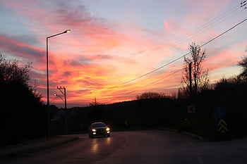 západ slunce, venkovské silnici, auto, zářivé barvy, bursa, turkiye, mraky, večer, pouliční lampa, vedení, krajina
