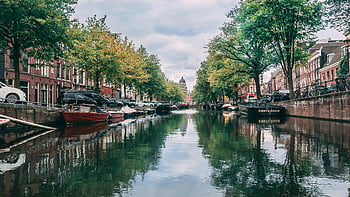 Amsterdam canal, boats on river, historic buildings, scenic view, waterway, iconic Amsterdam, canal boats, canal scene, Amsterdam scenery, canal reflections, canal landscape