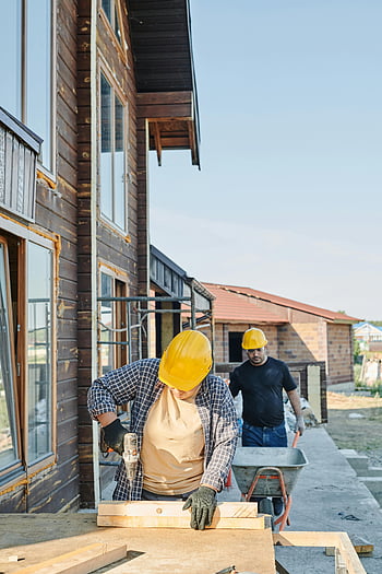 construction site, workers, hard hats, carpentry, wooden house, building, construction workers, outdoor work, building materials, construction tools, safety gear