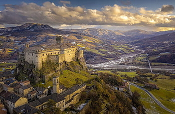 castle, mountains, river, clouds, sky, citadel, fortress, fortification, fort, architecture, nature