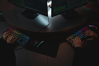 لوحات المفاتيح RGB،  الكتابة،  الأمن الإلكتروني،  شاشات الكود،  شخصان،  بيئة مظلمة،  شاشات الكمبيوتر،  فئران الألعاب،  إعداد مكتب،  بيئة تقنية،  كتابة اليدين
