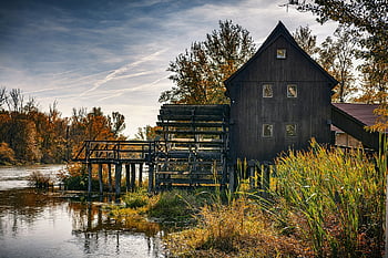 water Mill, lake, landmark, tourist Attraction, water, wooden Watermill, old Watermill, vintage Watermill, jelka, nature, slovakia