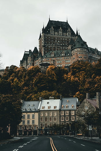 château frontenac, quebec city, podzimní pohled, historické architektury, Halloweenská atmosféra, nádherný výhled, barvy podzimu, Quebecký orientační bod, budova podobná hradu, scénické krajiny, městské scenérie