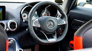 Mercedes-benz, multi-function steering wheel, luxury car interior, close-up, dashboard, selective focus photography, Mercedes, car interior, steering wheel, luxury