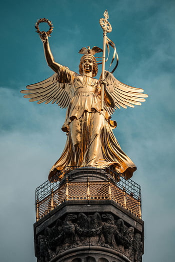 sloupec vítězství, Berlín, zlatá socha, victoria, nízký úhel pohledu, modrá obloha, památník, Německo, historický mezník, architektura, sochařství