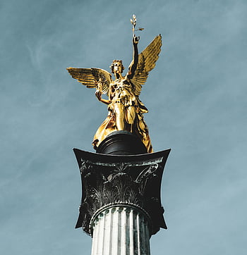 Gold Statue, Golden angel sculpture, Victory Column, Munich, clear sky, angel statue, golden statue, outdoor sculpture, historical monument, European landmarks, architectural art