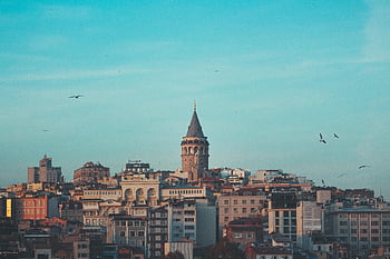 galata kulesi, İstanbul şehir manzarası, Mavi gökyüzü, ikonik dönüm noktası, Türk mimarisi, şehir manzarası, Tarihi Kule, galata köprüsü, seyahat hedefi, türkiye turizmi