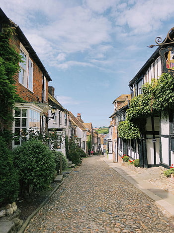 strada di ciottoli, Case inglesi antiche, segale, Sussex orientale, Inghilterra, case tradizionali, fascino storico, strada stretta, villaggio storico, architettura medievale, campagna inglese