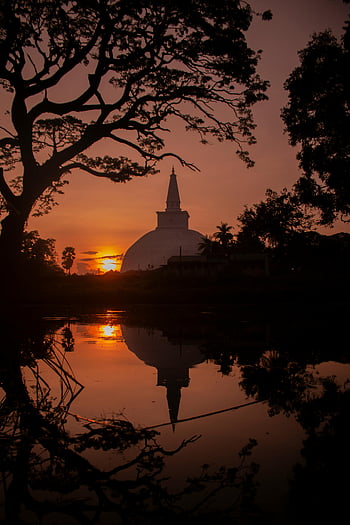 Ruwanwelisaya Stupa, Anuradhapura, solnedgang refleksion, silhuet, beton bygning, solnedgang, vandreflektion, Ancient stupa, sri lanka, historisk sted, rolig scene