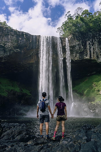 cestovat, wanderlust, pár, vodopády, padá, drželi se za ruce, Backpackers, turismu, cestující, cestování, dobrodružství