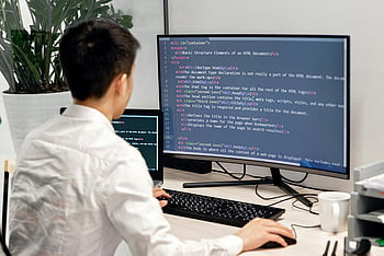 back view, man working, computer, dual monitors, programmer coding, modern workspace, indoor workspace, adult male, coding, workspace, desk setup