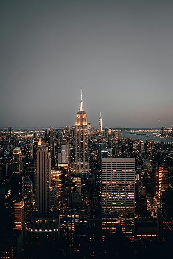ニューヨーク市、 スカイライン、 エンパイアステートビル、 照らされた、 夕暮れ、 街並み、 高層ビル、 都市、 夜景、 雄大な、 ライト