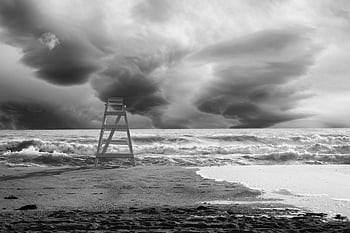mare, natura, spiaggia, sabbia, tempesta, nuvole, tempo metereologico, torre di vigilanza, paesaggio, bianco e nero