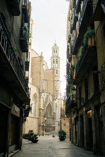 Santa Maria del Mar, Gothic architecture, Barcelona, charming streets, church, historic building, European city, medieval architecture, urban scene, travel destination, Spain