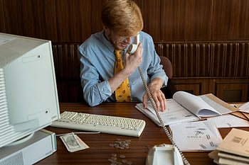 biuro retro, mężczyzna wykonujący wiele zadań jednocześnie, połączenie telefoniczne, Komputer vintage, konfiguracja biurka, dokumenty biznesowe, profesjonalista wykonujący wiele zadań jednocześnie, środowisko biurowe, technologia retro, Obsługa dokumentów