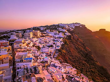 santorini, fehér épületek, légi felvétel, napnyugta, ikonikus építészet, élénk színek, Görögország, oia, úti cél, földközi-tenger, festői kilátás