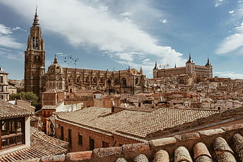Toledo, historic cathedral, cityscape, blue sky, panoramic view, brown concrete buildings, historic architecture, European city, skyline, old town, Spain