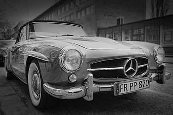 fotografie ve stupních šedi, Klasický Mercedes Benz, Historické auto, Černý a bílý, elegantní design, klasický kabriolet, Vintage Mercedes, černobílé fotografie, klasické auto, vinobraní automobil, mercedes benz auto