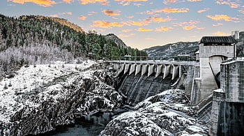 ダム、 壁、 山岳、 冬、 雪、 石垣、 貯水池、 建物、 構造、 建築、 山脈