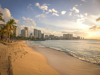 Honolulu beach, sunset skyline, serene beauty, city skyline, beach sunset, Honolulu skyline, tropical beach, palm trees, ocean waves, sandy beach, Honolulu cityscape