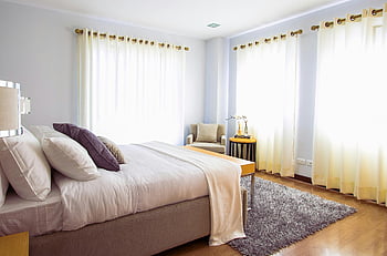 white bed comforter, bright modern bedroom, sunlight, cozy decor, soft furnishings, daytime, curtains, shag rug, wooden floor, bedside table, lamp
