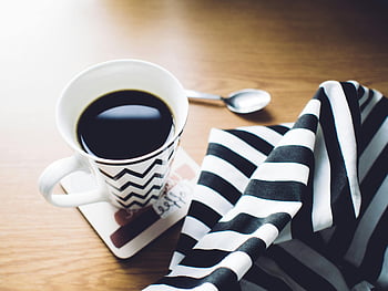 White and Black Chevron, Ceramic Mug, Coaster, Coffee, Spoon, Striped Napkin, Tabletop, Hot Beverage, Modern Design, Kitchenware, Drinkware