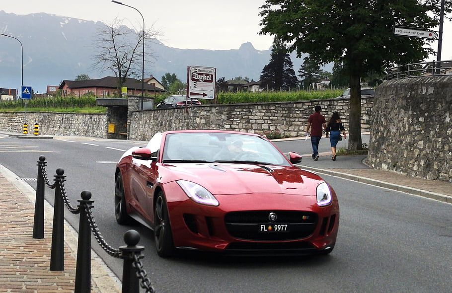 Jaguar, F-Type, R, car, red, sports car, Vaduz, street, mountains, people, sign