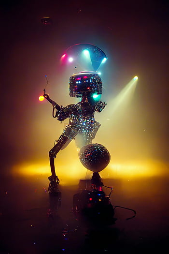 ダンスロボット、 ステージパフォーマンス、 鮮やかなディスコライト、 レトロフューチャリスティックな雰囲気、 輝くロボット、 ステージショー、 ロボットダンス、 ディスコロボット、 未来のロボット、 舞台照明、 ロボットパフォーマー