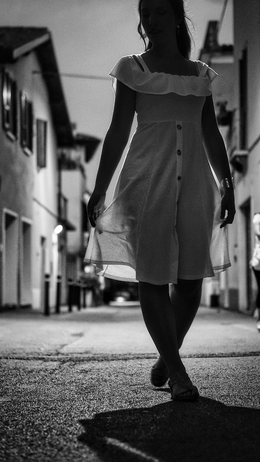 woman, dress, alley, shadow, evening, street, road, model, female, walking