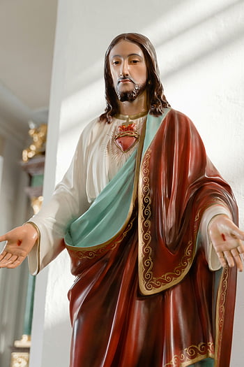 posvátné srdce Ježíše, socha, svítí, slunečního světla, kostel, detailní, náboženský, Ježíš Kristus, posvátné srdce, interiér, umění