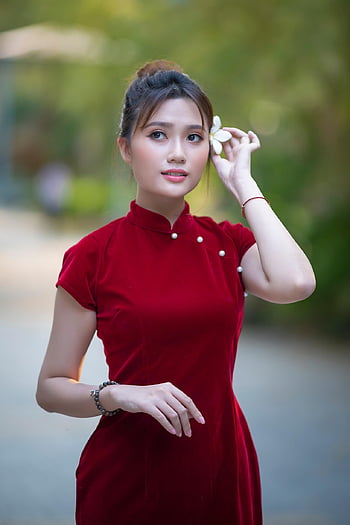 유행, Cheongsam, 여자, 베트남 사람, 아시아 사람, 빨간 치파오, 드레스, 아름다움, 아름다운, 예쁜, 소녀