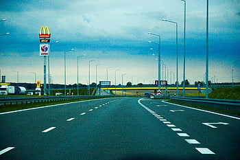 asfalt, řídit, mcdonalds, perspektivní, silnice, cestovní fotografie, Dálnice, čerpací stanice, lotos, zatažená obloha