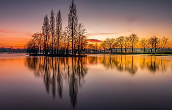 pontefract, park jezero, yorkshire, svítání, odraz, krajina, zlatá hodina, zlatý, světlo, slunečního světla, veřejný park
