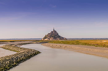 Mont Saint-Michel, clear sky, sea shore, tidal flats, scenic view, coastline, castle, France, historic site, natural landscape, travel destination