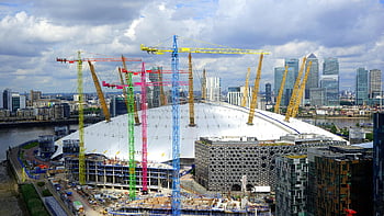 aerial photography, stadium, construction cranes, O2 Stadium, London, urban development, aerial view, cityscape, modern architecture, river Thames, skyscrapers